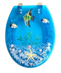 Slick Heavy Duty Resin Toilet Seat Cover With Soft Close Hinge And Thickened Platform, colorful ocean design with fish and shells.