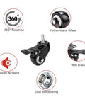 4 Pack Heavy Duty Swivel Casters With Brake, 1.5 Inch Non Marking Polyurethane Wheels, displaying 360 degree rotation and dual ball bearing.