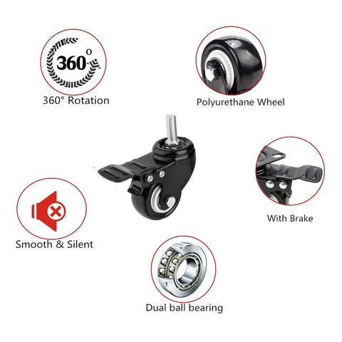 4 Pack Heavy Duty Swivel Casters With Brake, 1.5 Inch Non Marking Polyurethane Wheels, displaying 360 degree rotation and dual ball bearing.