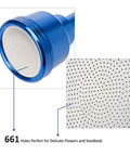 Close-up of blue watering wand sprayer with stainless head featuring 661 holes for Watering Wand Sprayer With Stainless Head 24 Inch Reach For Hanging Baskets And Garden Plants Ergonomic Curved Wand For Gentle Delicate Shower On Flowers Shrubs And Lawn Care Blue.