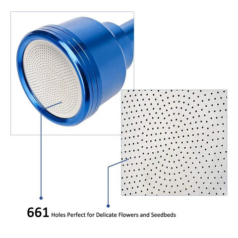 Close-up of blue watering wand sprayer with stainless head featuring 661 holes for Watering Wand Sprayer With Stainless Head 24 Inch Reach For Hanging Baskets And Garden Plants Ergonomic Curved Wand For Gentle Delicate Shower On Flowers Shrubs And Lawn Care Blue.