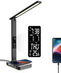 LED Desk Lamp With Wireless Charger And USB Port, Built-In Clock, Alarm, Date And Temp, Night Light, LCD Display, Black Finish