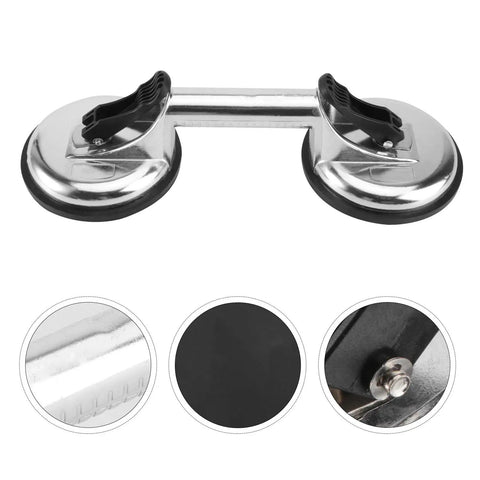 Heavy Duty Silver Glass Lifting Tool With Quick Release Handle And Safety Lock, aluminum alloy gripper with rubber suction cups.