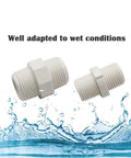 12 Pack 3/4 Inch PVC Pipe Fittings Hex Nipple G3/4 Male X G3/4 Male Coupling Adapters, white connectors, splash background.