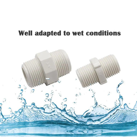 12 Pack 3/4 Inch PVC Pipe Fittings Hex Nipple G3/4 Male X G3/4 Male Coupling Adapters, white connectors, splash background.
