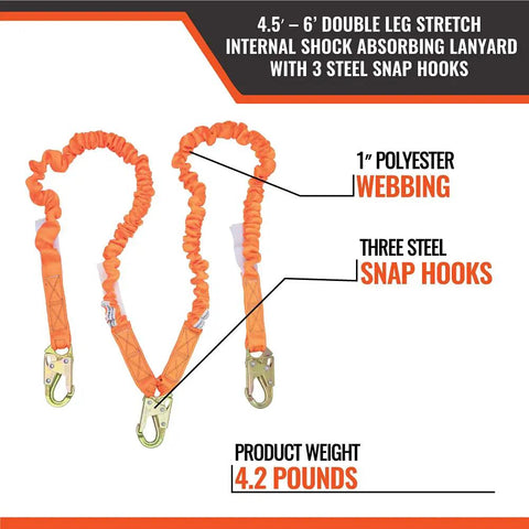 4.5 To 6 Ft Double Leg Stretch Lanyard With Internal Shock Absorber And Three Steel Snap Hooks For Fall Protection displayed