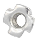 Top Shelf M8 Four Pronged Tee Nuts With Secure Captive Blind Grip For Straight Up Wood Furniture Assembly 200 Pack Carbon Steel Blind Inserts close-up view of a single pronged tee nut.