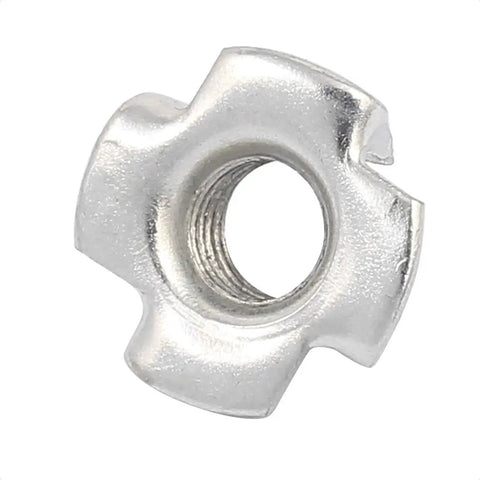 M8 Four Prong Tee Nuts Captive Blind Insert for Heavy Duty Wood Furniture Builds, solid carbon steel design, silver finish.