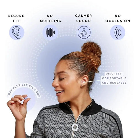 Woman using Calmer Noise Reducing Ear Plugs Alternative For Stress Free Focus And Travel, Silicone Reusable Ear Plugs, Mini Purple.