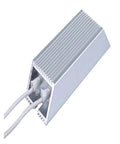 Power resistor module with aluminum finned heatsink and two white leads (side view)