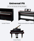 Universal Fit illustration showing Beefed Up 1.8mm Faux Leather Keyboard Cover For 88 Keys Piano on upright, digital, and grand pianos.