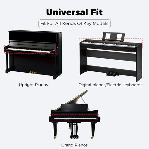 Universal Fit illustration showing Beefed Up 1.8mm Faux Leather Keyboard Cover For 88 Keys Piano on upright, digital, and grand pianos.