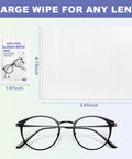 Eyeglasses anti-fog wipes package and large 4.72 × 5.91 in wipe sheet with black glasses