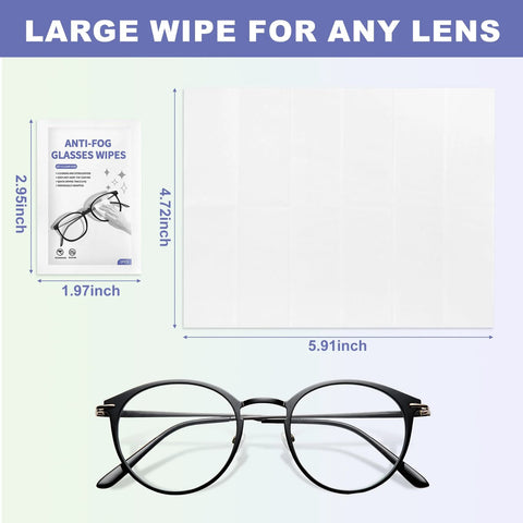 Eyeglasses anti-fog wipes package and large 4.72 × 5.91 in wipe sheet with black glasses