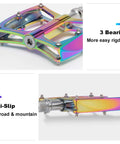 Nine Sixteenths Inch Aluminum Mountain Bike Pedals With Sealed Bearings showing colorful finish and anti-slip pins