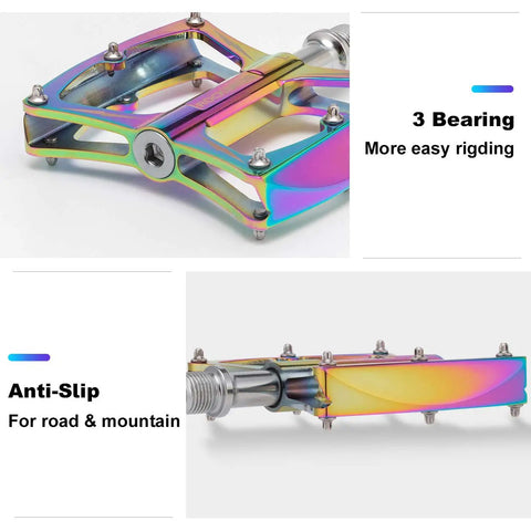 Nine Sixteenths Inch Aluminum Mountain Bike Pedals With Sealed Bearings showing colorful finish and anti-slip pins