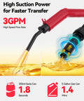 Angled front view of Leshein 3GPM USB-rechargeable fuel transfer pump with red handle and black nozzle.