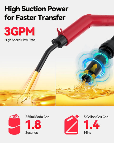 Angled front view of Leshein 3GPM USB-rechargeable fuel transfer pump with red handle and black nozzle.