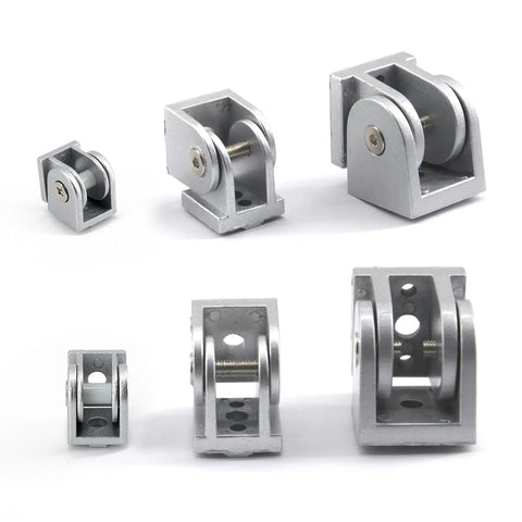 180 Degree Rotating Pivot Joints Set, 2020 Aluminum Zinc Alloy, Matte Gray Finish, 8 Pieces for Industrial Aluminum Frames, Smooth Burr Free Surface, High Corrosion and Wear Resistance, shown in multiple sizes