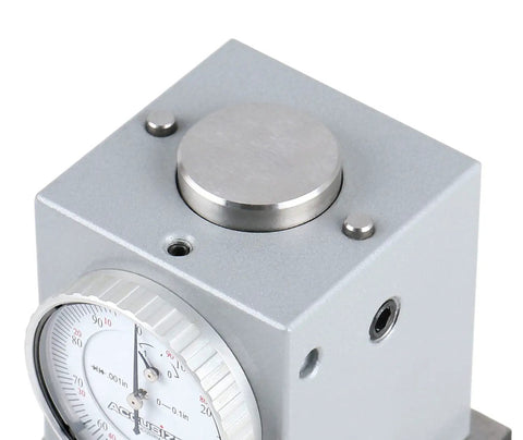 Close-up of Zero Set Gauge For CNC Machines With Magnetic Base, showing dial and measurement surface, 4 inch height.