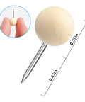 Top Shelf Wooden Push Pins, 120 Pack Of Straightforward Thumb Tacks For Corkboards And Bulletin Boards, Crafted With Rock Solid Wood Caps And Keen Steel Points, close-up of a wooden push pin with steel point.