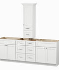 Fresh 90 Double Sink Bathroom Vanity Base Over Countertop Storage Cabinet White Shaker Details with solid wood frame and open storage.