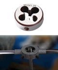 Pro Grade M10 X 1.25 Tap And Die Set For Metalworking, High Speed Steel HSS6542 Built To Last, shown in use on metal rod.
