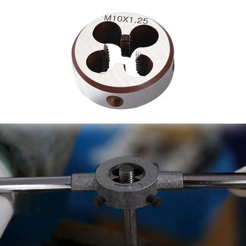 Pro Grade M10 X 1.25 Tap And Die Set For Metalworking, High Speed Steel HSS6542 Built To Last, shown in use on metal rod.