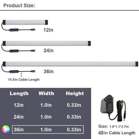 Size chart of Under Cabinet LED Light Bar Dimmable RGB With RF Remote Control Multicolor under counter lighting in 12, 24, and 36 inch lengths
