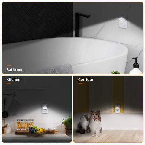 LED Night Light Plug In Wall With Smart Dusk To Dawn Sensor Auto On Auto Off Kid Friendly Bedroom Bathroom Stairs, three locations