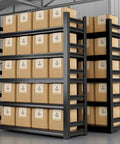 Heavy Duty Industrial Metal Shelving With Rock Solid 5 Tier Adjustable Storage Rack filled with brown boxes in warehouse setting.
