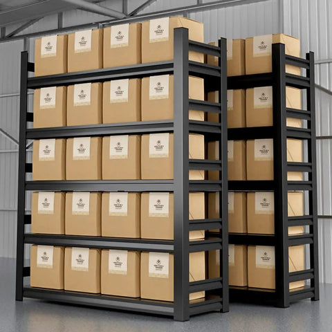 Heavy Duty Industrial Metal Shelving With Rock Solid 5 Tier Adjustable Storage Rack filled with brown boxes in warehouse setting.