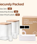 Two Pack 3.6 Qt Square Glass Food Storage Jars With Lids, scoops, labels, and packaging box shown on white background