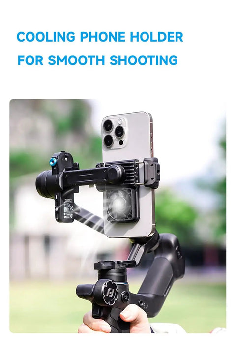 Scorp Mini 3 Gimbal Stabilizer for Smartphones with iPhone mounted, showing built-in cooling fan and integrated grip in outdoor use.