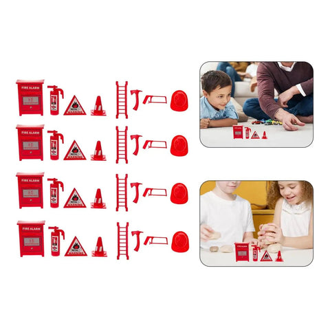 Mini Firefighter Pretend Play Kit With Four Toy Fire Extinguishers And A Ladder For Kids Imaginative Fire Rescue Role Play Durable And Fun Fire Safety Props For Little Heroes, showing firefighter props and kids playing.