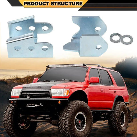 Toyota 4Runner Panhard Correction Kit PCK For 3rd Gen 1996 To 2002 Bolt On Frame Mount Alignment Drop Bracket With Two Hardened 3mm Spacers Easy Slide On Install For Better Steering And Precise Wheel Alignment, steel spacers and brackets shown
