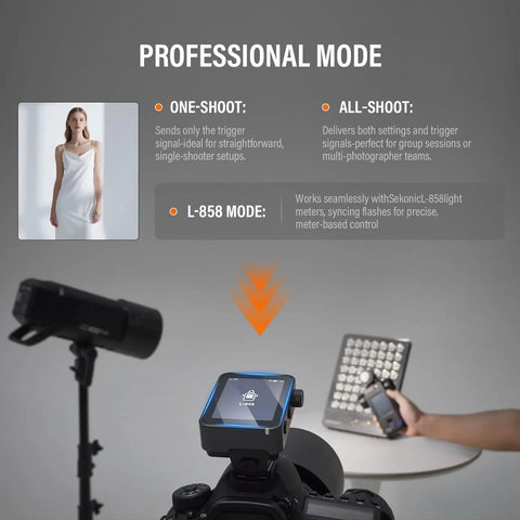 X3 Pro C 2026 TTL Flash Trigger For Canon on DSLR camera with professional mode touch screen, studio setup in background