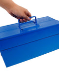 Hand holding a blue iron double layer toolbox organizer with grip carry handle, portable heavy duty build for job site.