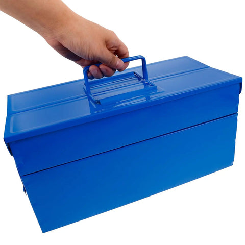 Hand holding a blue iron double layer toolbox organizer with grip carry handle, portable heavy duty build for job site.