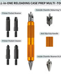 Front view of Ludex orange case-prep multi-tool with pocket reamer, pocket cleaner and chamfer bits