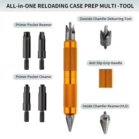 Front view of Ludex orange case-prep multi-tool with pocket reamer, pocket cleaner and chamfer bits