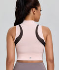 Back view of Cropped Workout Tank For Women With Built In Bra Half Zip High Neck Sports Top Medium Support Sleeveless Athletic Tank Gym Gear Chintz Rose Breathable Stretch Fabric