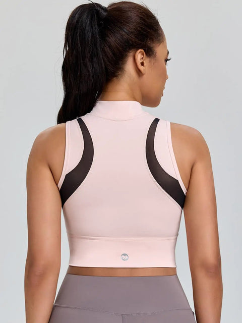 Back view of Cropped Workout Tank For Women With Built In Bra Half Zip High Neck Sports Top Medium Support Sleeveless Athletic Tank Gym Gear Chintz Rose Breathable Stretch Fabric