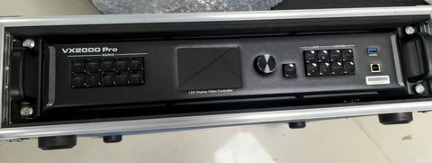 Badass 13 Million Pixel LED Display Video Processor With 20 Gigabit Ethernet Outputs And Rugged Tour Grade Flight Case For Arena Tours And Live Streams front view showing controls and display panel.