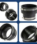 Heavy Duty Flexible Pvc Reducing Coupling With Sure Grab Stainless Steel Clamps 5 Inch To 4 Inch Black in four angles.
