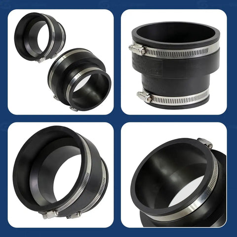 Heavy Duty Flexible Pvc Reducing Coupling With Sure Grab Stainless Steel Clamps 5 Inch To 4 Inch Black in four angles.