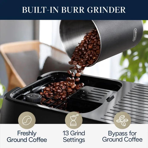 Silver Automatic Espresso Machine With Built In Milk Frother And One Touch Brewing System For Killer Shots And Creamy Lattes And Fresh Iced Coffee Top Shelf Sips No Fuss showing built-in burr grinder with coffee beans.