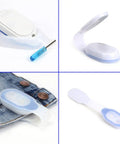 Clip-On LED Nurse Light With Magnetic Clip For Scrubs And ID Badges shown in open, closed, and clipped on fabric views