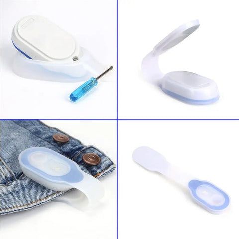 Clip-On LED Nurse Light With Magnetic Clip For Scrubs And ID Badges shown in open, closed, and clipped on fabric views