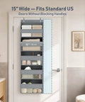 Five Tier Over The Door Hanging Storage Rack With Super Deep Pockets Absolute Game Changer For Cramped Dorm Rooms And RVs easy setup over door organizer mounted in bathroom showcasing towels and toiletries.